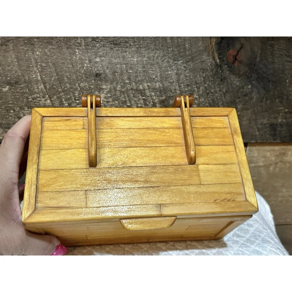Hand Crafted Bamboo Wood Jewelry Keepsake Box Vintage Blue Inside